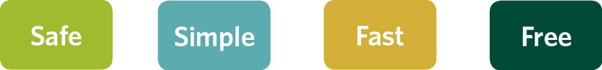 Four colorful blocks that say safe, simple, fast and free.