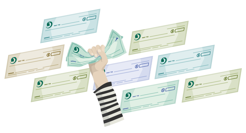 Illustration of a grid of multi-colored bank checks with an arm extended into the middle gripping one of the checks